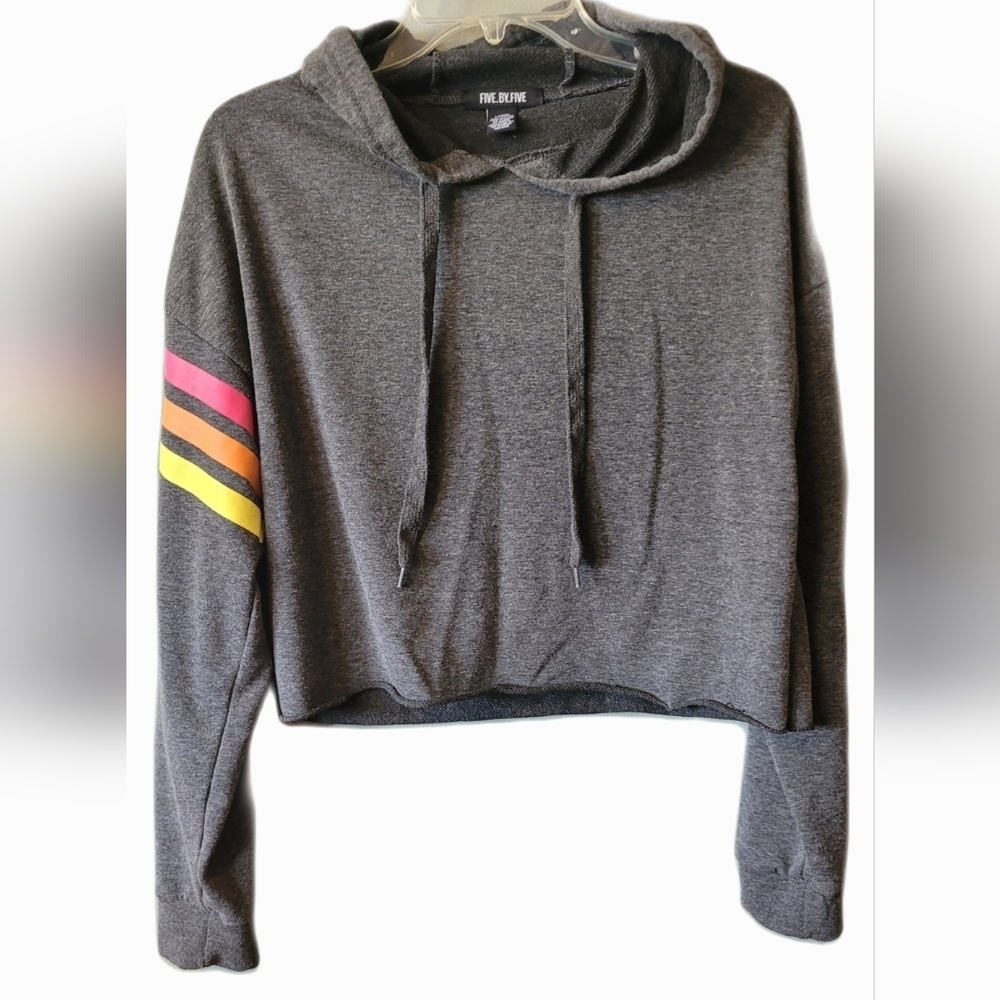 Five by Five Gray Cropped Avaitor Striped Sleeve Hoodie